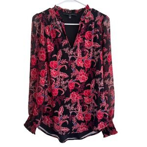 White House Black Market Floral Sheer Blouse Smocked Sleeve‎ Small
